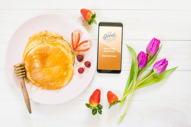 Free Flat Lay Breakfast With Pancakes Next To Smartphone Psd