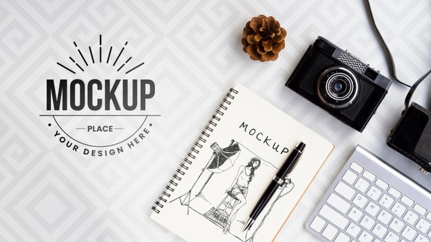 Free Flat Lay Camera And Notebook Arrangement Psd