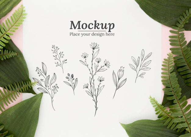 Free Flat Lay Composition Of Green Leaves With Mock-Up Psd