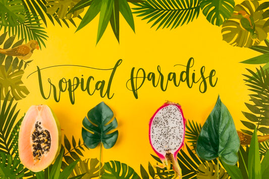 Free Flat Lay Copyspace Mockup With Tropical Leaves Psd