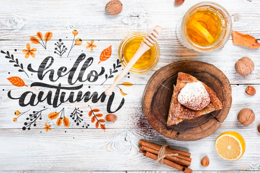 Free Flat Lay Fall Season Arrangement On Wooden Background Psd