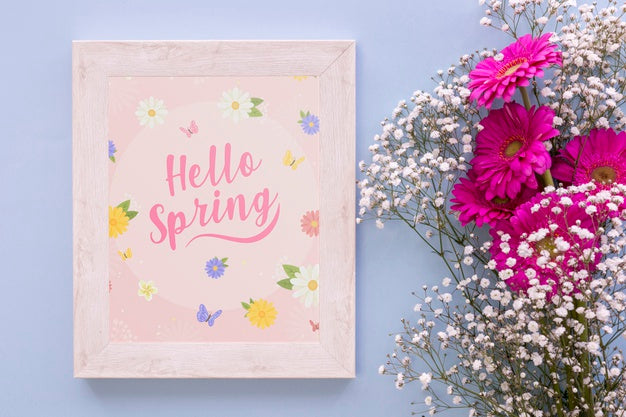 Free Flat Lay Frame Mockup With Spring Flowers Psd