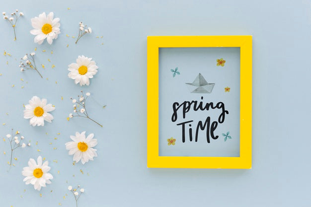 Free Flat Lay Frame Mockup With Spring Flowers Psd