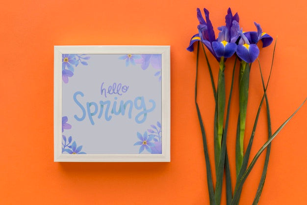 Free Flat Lay Frame Mockup With Spring Flowers Psd