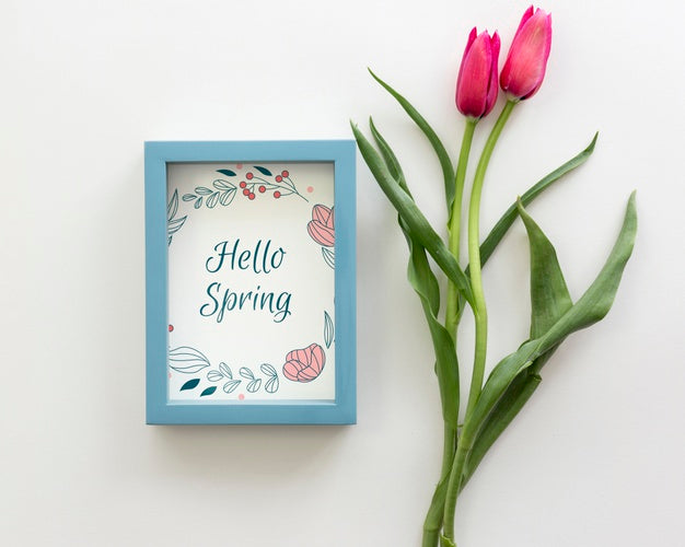 Free Flat Lay Frame Mockup With Spring Flowers Psd