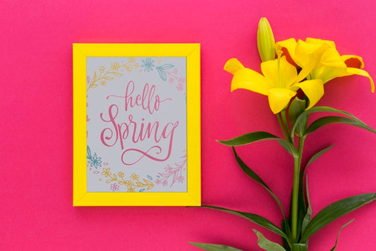 Free Flat Lay Frame Mockup With Spring Flowers Psd