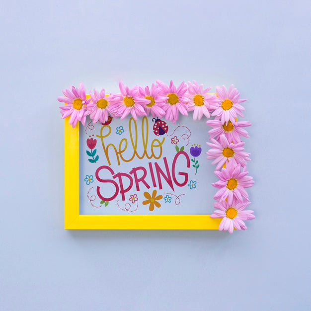 Free Flat Lay Frame Mockup With Spring Flowers Psd