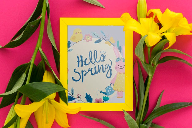 Free Flat Lay Frame Mockup With Spring Flowers Psd