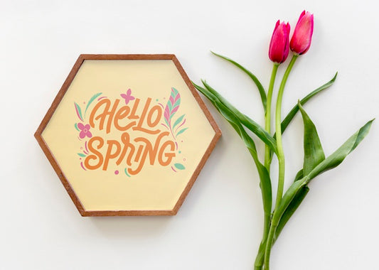 Free Flat Lay Frame Mockup With Spring Flowers Psd