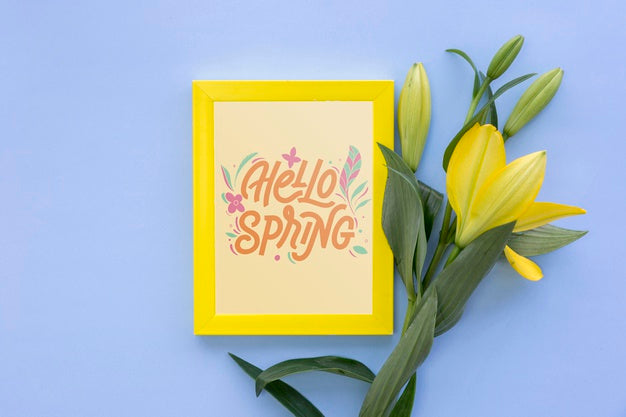 Free Flat Lay Frame Mockup With Spring Flowers Psd