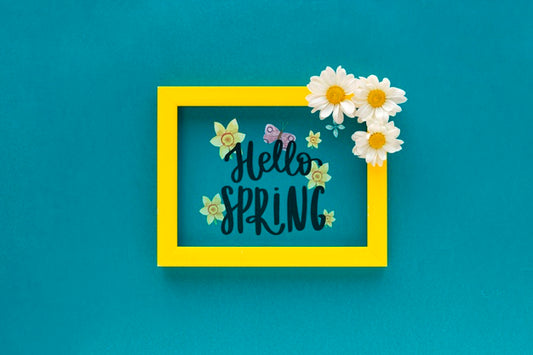 Free Flat Lay Frame Mockup With Spring Flowers Psd