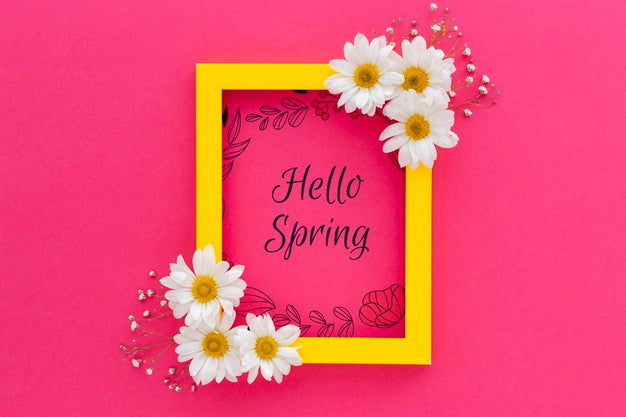 Free Flat Lay Frame Mockup With Spring Flowers Psd