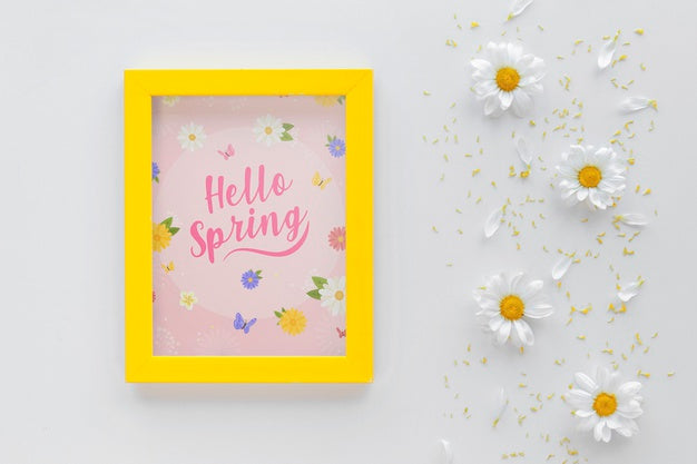 Free Flat Lay Frame Mockup With Spring Flowers Psd