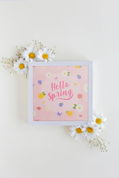 Free Flat Lay Frame Mockup With Spring Flowers Psd