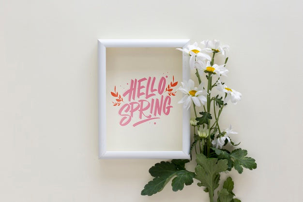 Free Flat Lay Frame Mockup With Spring Flowers Psd