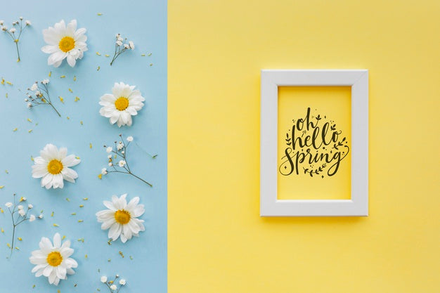 Free Flat Lay Frame Mockup With Spring Flowers Psd