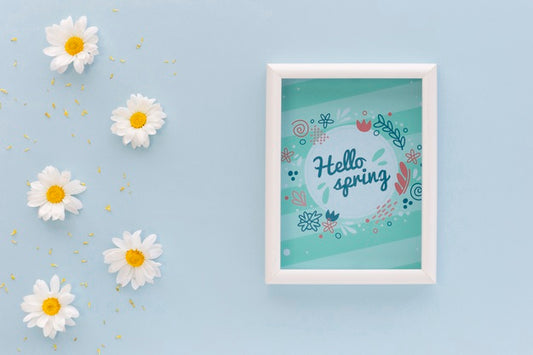 Free Flat Lay Frame Mockup With Spring Flowers Psd