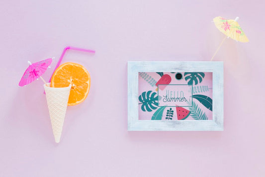 Free Flat Lay Frame Mockup With Summer Elements Psd