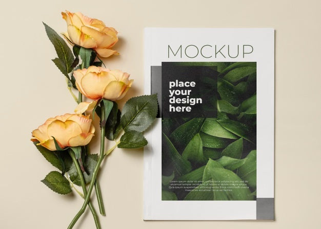 Free Flat Lay Magazine And Beautiful Flowers Psd