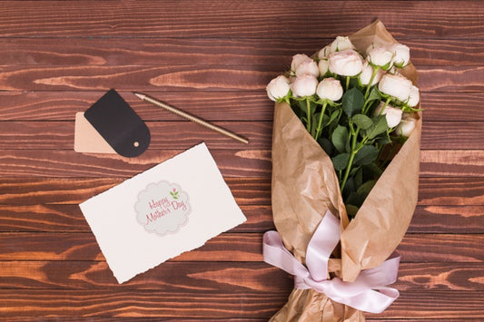 Free Flat Lay Mothers Day Composition With Card Mockup Psd