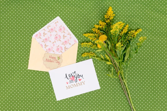 Free Flat Lay Mothers Day Composition With Card Mockup Psd