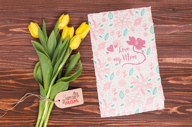 Free Flat Lay Mothers Day Composition With Card Mockup Psd