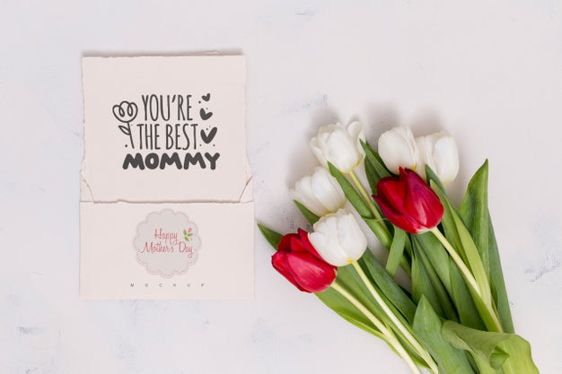 Free Flat Lay Mothers Day Composition With Card Mockup Psd