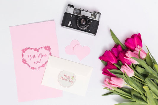 Free Flat Lay Mothers Day Composition With Card Mockup Psd