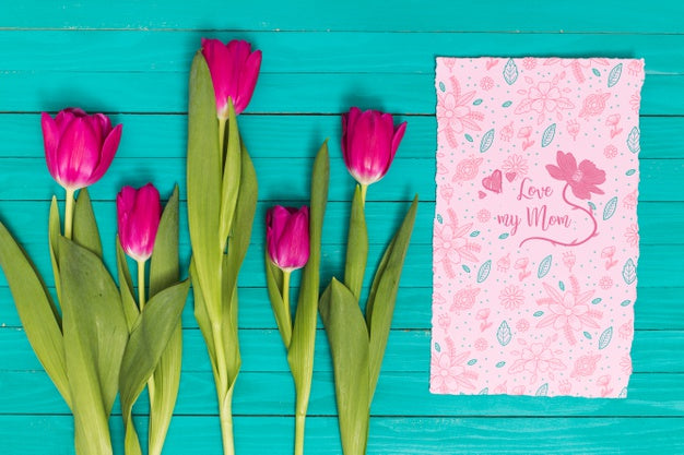 Free Flat Lay Mothers Day Composition With Card Mockup Psd