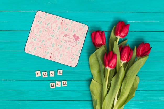 Free Flat Lay Mothers Day Composition With Open Book Mockup Psd