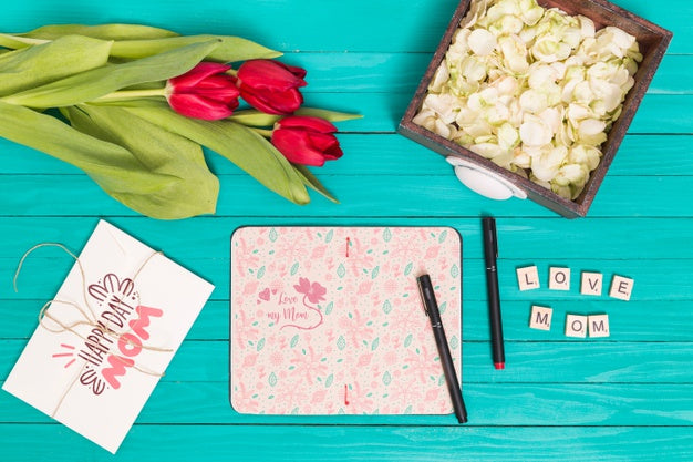 Free Flat Lay Mothers Day Composition With Open Book Mockup Psd