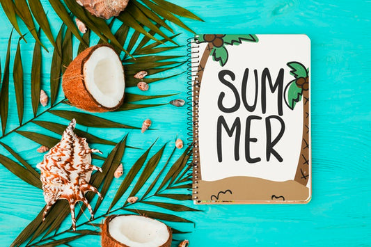 Free Flat Lay Notepad Mockup With Summer Elements Psd