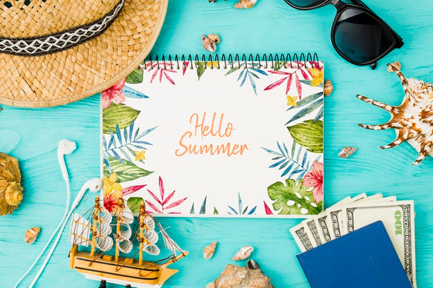 Free Flat Lay Notepad Mockup With Summer Elements Psd