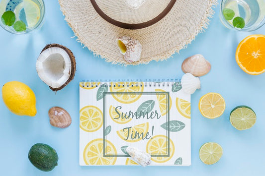 Free Flat Lay Notepad Mockup With Summer Elements Psd