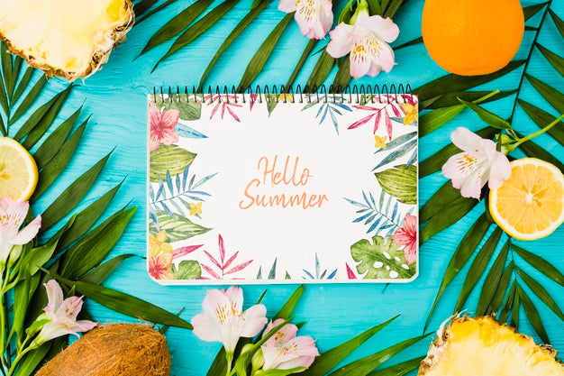 Free Flat Lay Notepad Mockup With Summer Elements Psd