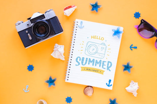 Free Flat Lay Notepad Mockup With Summer Elements Psd