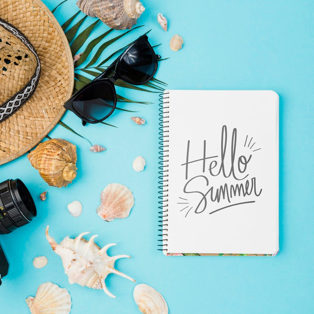 Free Flat Lay Notepad Mockup With Summer Elements Psd