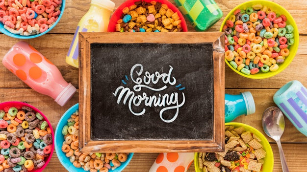 Free Flat Lay Of Colorful Cereals And Chalkboard On Wooden Table Psd