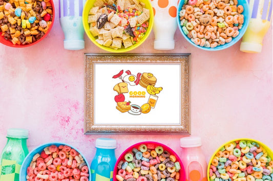 Free Flat Lay Of Colorful Cereals And Frame On Plain Background Psd