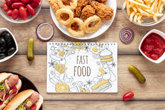 Free Flat Lay Of Delicious Fast Food On Wooden Table Psd