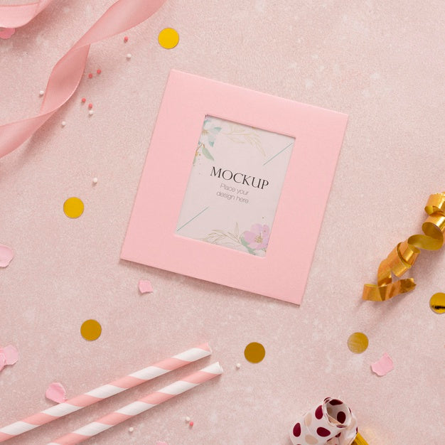 Free Flat Lay Of Elegant Birthday Card With Straws And Ribbon Psd