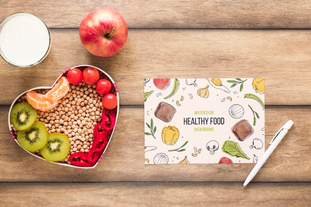 Free Flat Lay Of Healthy Food With Card Mockup Psd