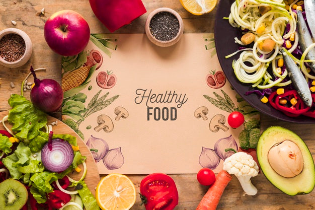 Free Flat Lay Of Healthy Food With Card Mockup Psd