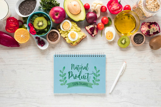 Free Flat Lay Of Healthy Food With Notepad Mockup Psd