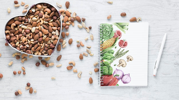 Free Flat Lay Of Healthy Food With Notepad Mockup Psd