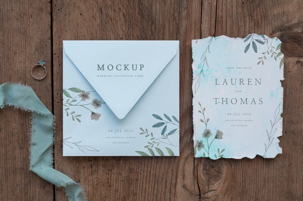 Free Flat Lay Of Paper Mock-Up Rustic Wedding Invitation With Leaves And Flowers Psd