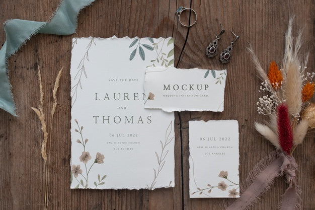 Free Flat Lay Of Paper Mock-Up Rustic Wedding Invitation With Leaves And Flowers Psd