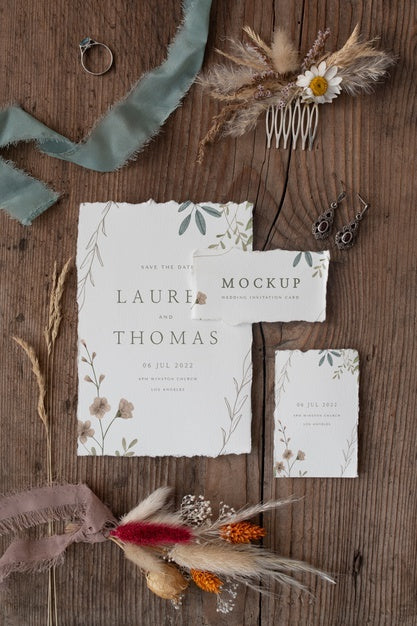 Free Flat Lay Of Paper Mock-Up Rustic Wedding Invitation With Leaves And Flowers Psd