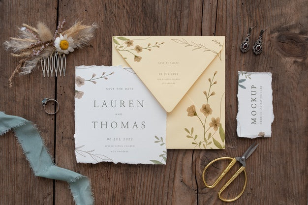 Free Flat Lay Of Paper Mock-Up Rustic Wedding Invitation With Leaves And Flowers Psd