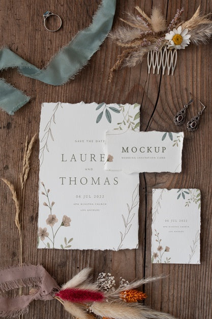 Free Flat Lay Of Paper Mock-Up Rustic Wedding Invitation With Leaves And Flowers Psd